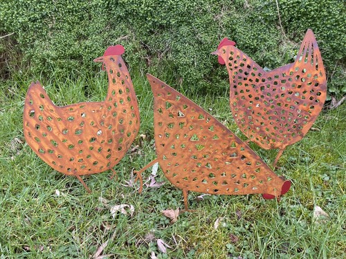 Set rusty hen metal garden - 3,